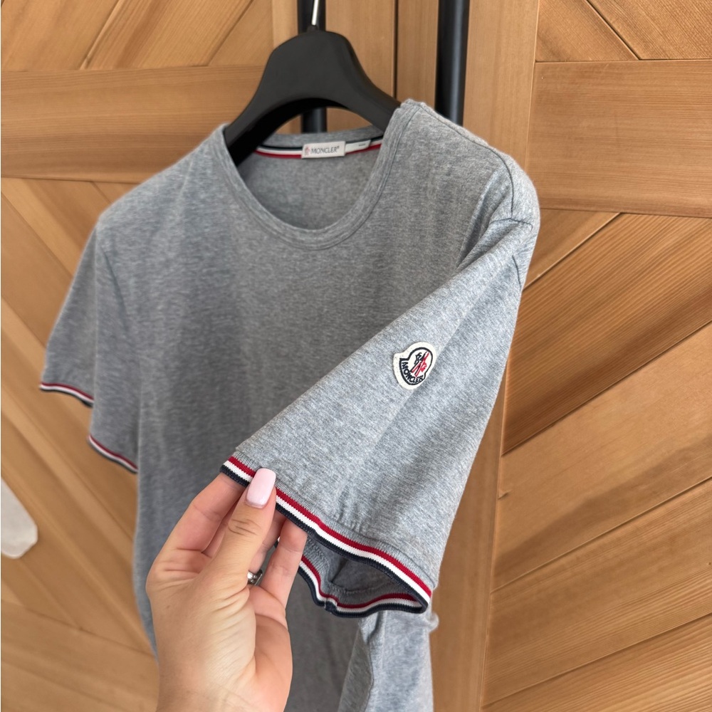 Moncler Grey Short Sleeve Tee with Tricolor Trim